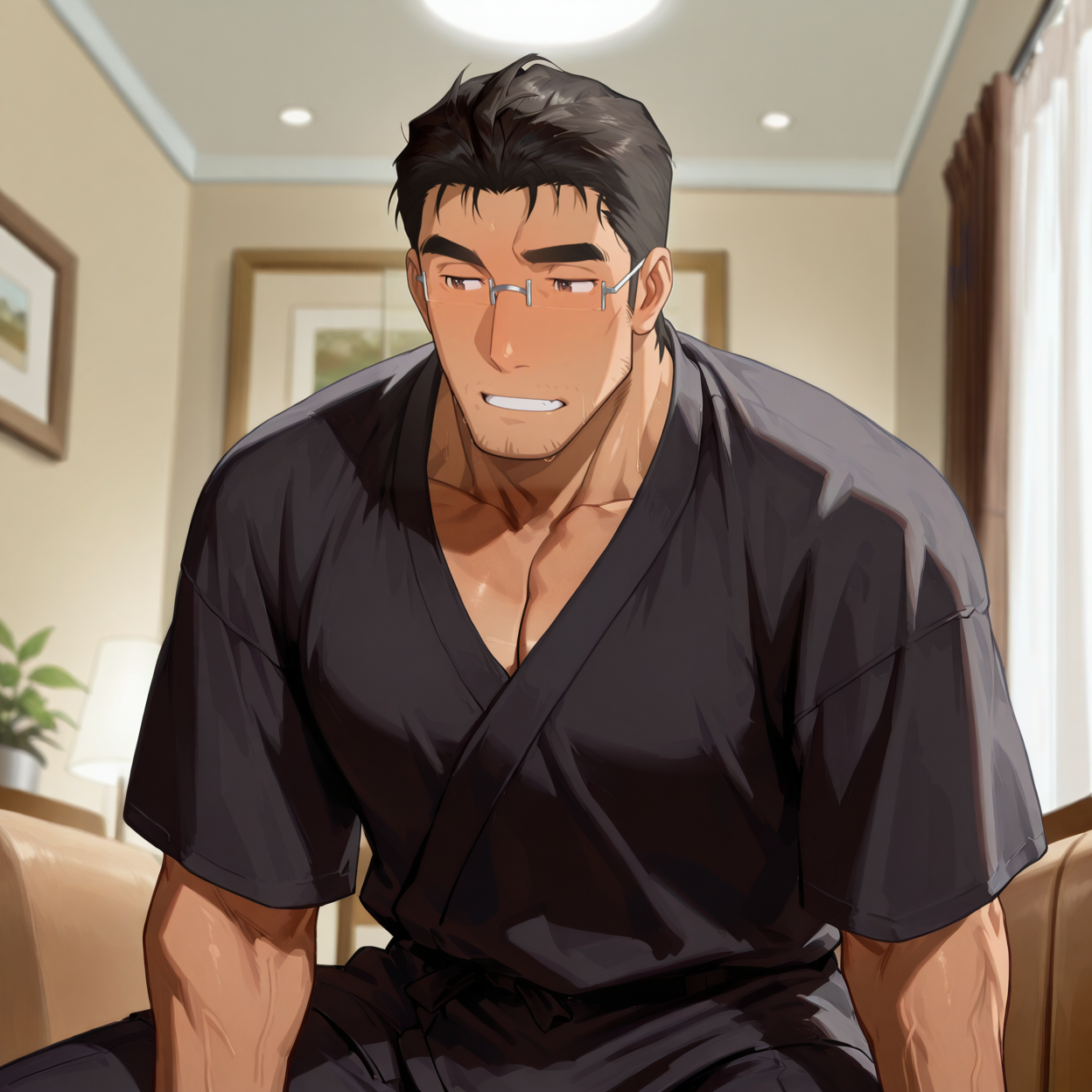 <lora:Kousaka_Daisuke_V2-000001:1> Kousaka_Daisuke, anime screencap, short hair, black hair, hair slick back, dark brown eyes, thick eyebrows, stubble, tan skin, sideburns, (semi-rimless eyewear),
(very short hair, beard, bara, mature, facial hair, stubble, beard, full beard, sideburn, beard, a lot of beard, ), facial hair,male focus, muscular male, muscular male, bara, mature,  bara, mature, aixiwuganda_(20222192), very awa, masterpiece, best quality, absurdres, newest, perfect quality, detailed background, intricate details,
<lora:slider_Body Type_alpha1.0_rank4_noxattn_last:3><lora:style_Anime Summer Days 2 Style SDXL_LoRA_Pony Diffusion V6 XL:.6><lora:slider_cfg_scale_boost:.7><lora:Artist6p:.55>, Artist6p, Artist04p,<lora:slider_il_brightness_slider_d1:-1><lora:slider_il_contrast_slider_d1:-1><lora:slider_DarkSlider1.2_alpha1.0_rank16_full_300steps:-.6>