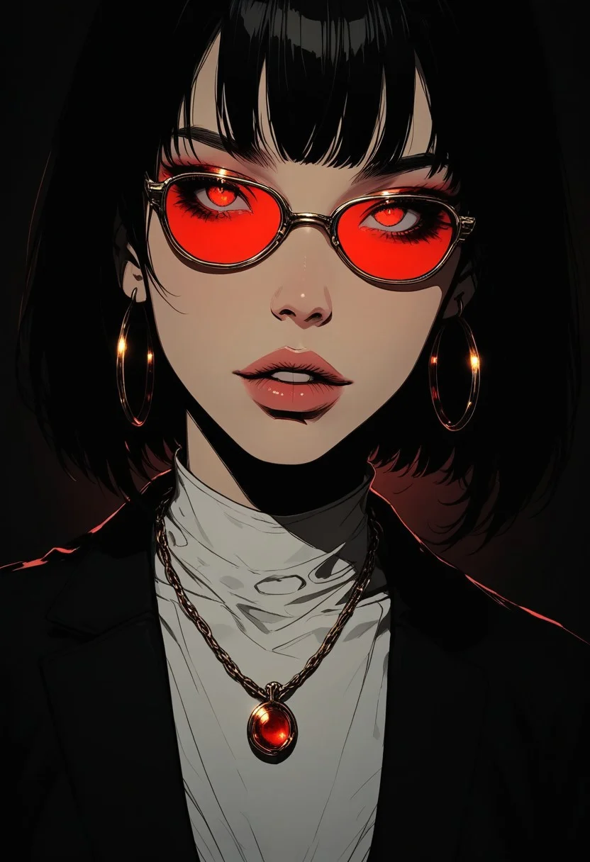 Stylized digital portrait of a person with fair skin and short, dark hair. The subject is wearing red-tinted sunglasses, a white shirt, and a black blazer. They have a confident expression with slightly parted lips and a relaxed posture. The background is a solid, vibrant red, which contrasts with the subject's attire. The person is accessorized with gold jewelry, including a necklace with a pendant and small hoop earrings. The overall composition is bold and striking, with a focus on the subject's face and upper body. easynegative, sinozick style, flat color, dark theme, g4n1m3