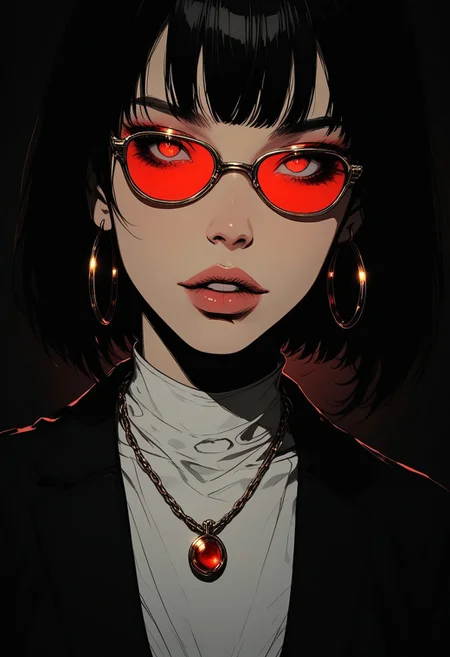 Stylized digital portrait of a person with fair skin and short, dark hair. The subject is wearing red-tinted sunglasses, a white shirt, and a black blazer. They have a confident expression with slightly parted lips and a relaxed posture. The background is a solid, vibrant red, which contrasts with the subject's attire. The person is accessorized with gold jewelry, including a necklace with a pendant and small hoop earrings. The overall composition is bold and striking, with a focus on the subject's face and upper body. easynegative, sinozick style, flat color, dark theme, g4n1m3