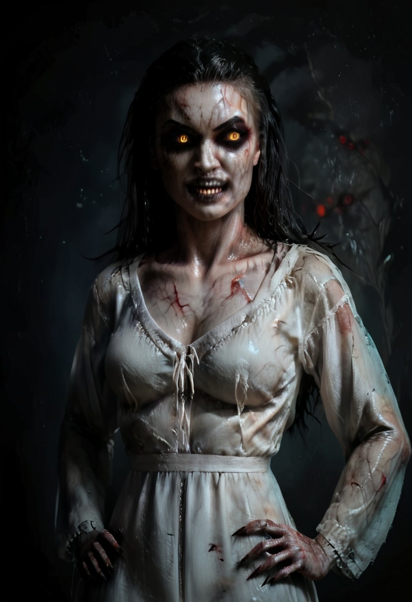 score_9, score_8_up, score_7_up, score_6_up, source_real, source_photo, a 3/4 three-quarters length portrait, WitcherToxinV1 , heavytoxin, veins, black veins, veins, 1girl, deadite woman , female deep one, valak, source_real, source_photo, in the style of the Exorcist movie, exorcist style, a possessed woman, bloodless lips, valak, Body horror, pale body, yellow eyes, long black hair, grey skin, black veins, monster, scary, paranormal, pale, black veins, long tangled black hair, teeth, hands on hips, front view, very pale skin, very pale grimy filthy skin, evil smile, demonic possession. Evil smile, a possessed woman,, yellow eyes, large breasts, hands by side, floating in mid-air, floating above ground, stained filthy white open old-fashioned stained filthy tattered nightgown, stained filthy basic Victorian nightgown, long nightgown,long sleeves, black pupils,  red lighting, bedroom with peeling wallpaper, horror, scary face, monstrous, evil, claws, red lighting, Expressiveh, g0thicPXL, glowing, neon,, zPDXL2, exorcist style