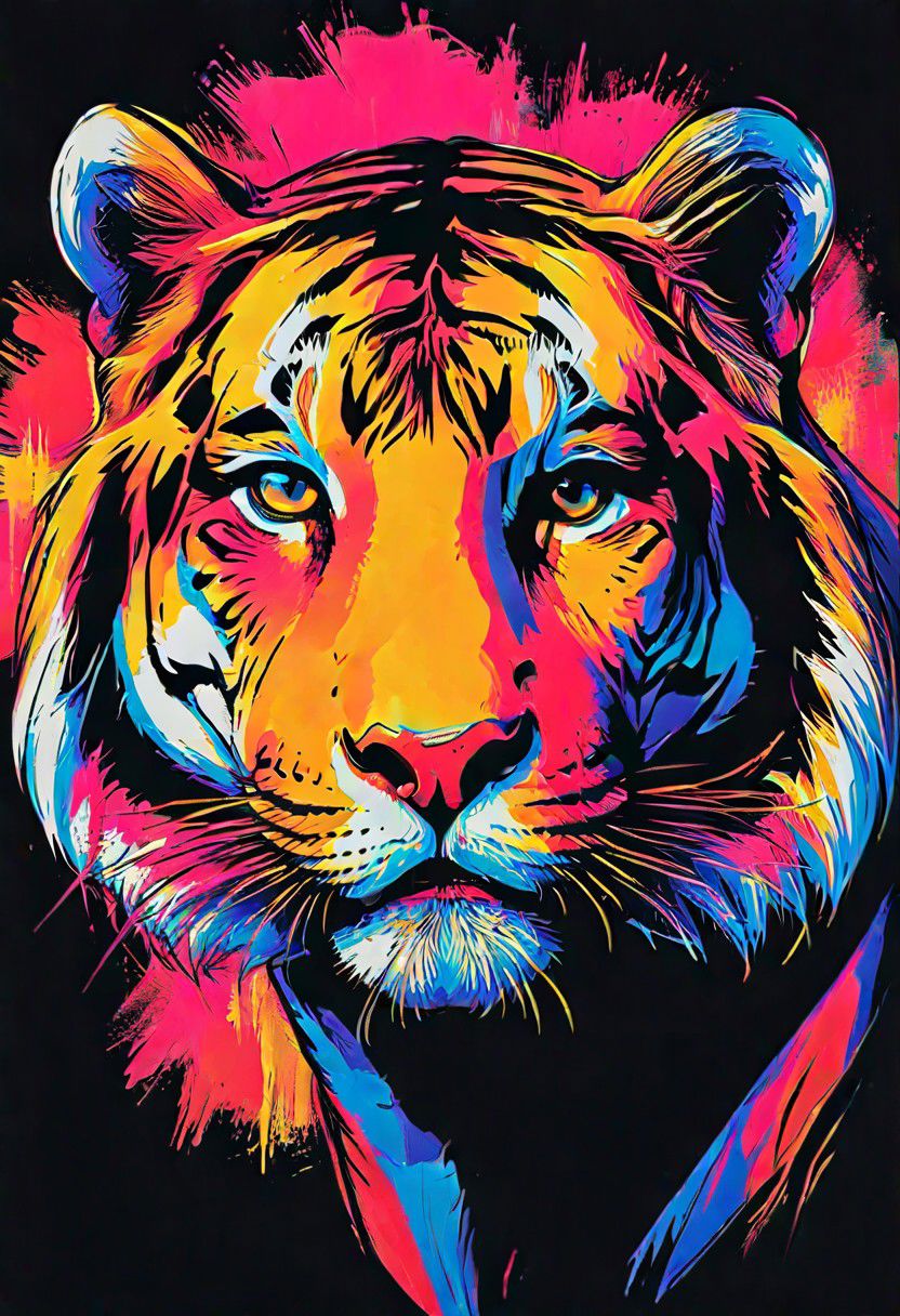 impactful color paint of, a Tiger, highly detailed, vibrant colors , 8k, sharp, professional, clear, high contrast, high saturated, , vivid deep blacks, crystal clear