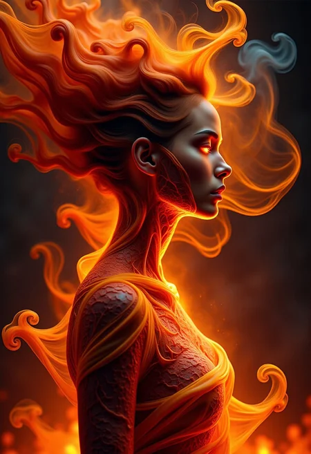 Create a hyper-realistic image of a female lava creature with glowing red eyes. Her hair appears as swirling tendrils of smoke, illuminated in orange by the glow of the lava, ascending and twisting like dense volcanic clouds. Emphasize the intricate fiery details of her molten form, including cracks and patches of cooled, solidified lava, and the otherworldly flow of smoke and embers around her.