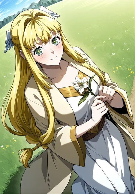 <lora:Dolores_Quovadis__Revenge_of_the_Iron-Blooded_Sword_Hound__Illustrious:1>
Dolores_Quovadis, 1 girl, solo, long hair straight hair, blonde hair, thick braid, long braid, straight fringe, wing hair ornament, green eyes, cross pupils, <lora:DetailedEyes_V3:1>,
Dolores_Quovadis_priest, beige outer robe, wide sleeves, brown waist sash, golden neckline detail, side braids, priestess outfit,
score_9, score_8_up, score_7_up, very aesthetic, source_anime, detailed, high quality, beautiful, masterpiece, detailed eyes, highres, best quality, masterpiece, outdoors, looking at viewer, blush, smile, holding flower, from above, floating, blue sky