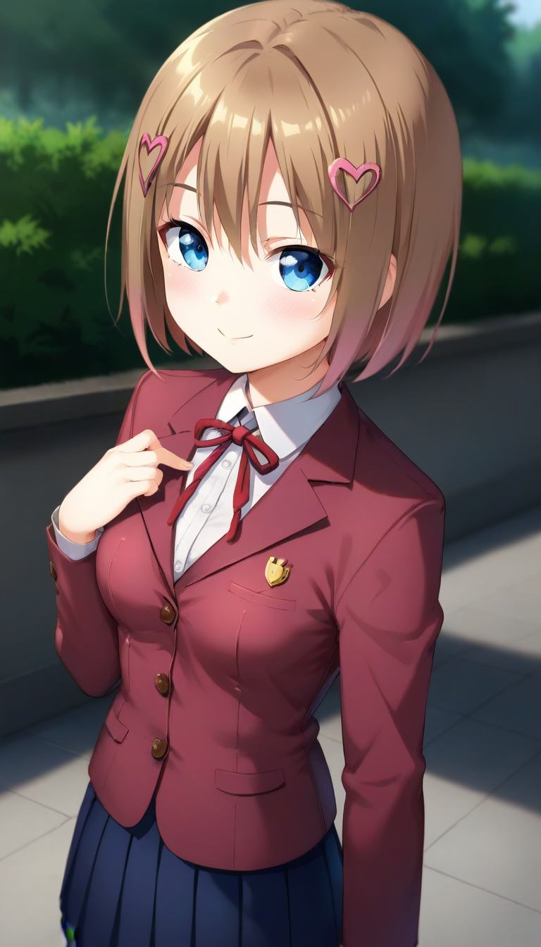 score_9,score_8_up,score_7_up,score_6_up BREAK official art,solo,outdoors,upper body,(portrait:1.5),looking at viewer,facing viewer,smile,blush,(petite:1.5),Wataya Rio,short hair,brown hair,heart hair ornament,hairclip,bangs,blue eyes,school uniform,red jacket,Blazer,white shirt,collared shirt,long sleeves,sleeves past wrists,medium breasts,blue skirt,pleated skirt,white socks,loafers,<lora:Wataya Rio(od)-Pony:1.4>,