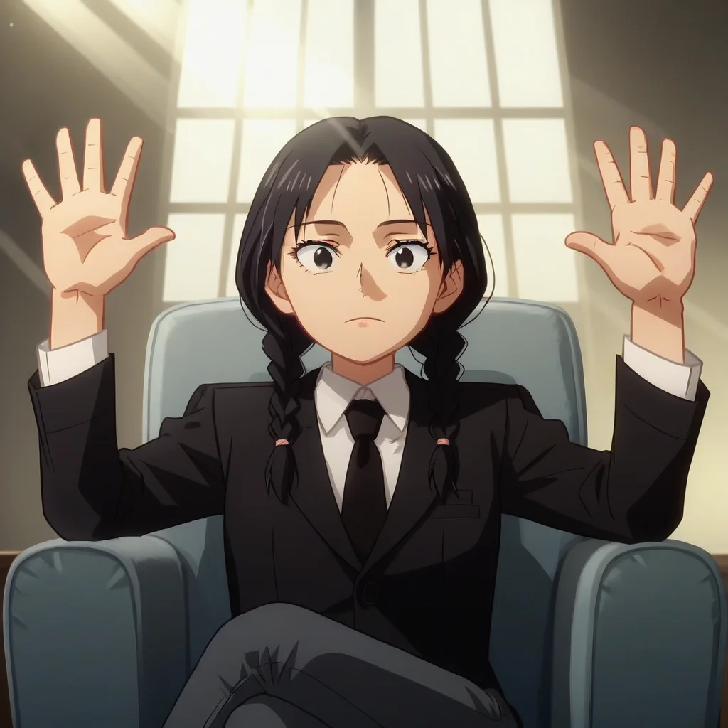 score_9_up, score_8_up, BREAK, ScorseseCinemaMeme, on chair, sitting, hands up, 1girl, solo, black hair, twin braids, black eyes, suit, formal, necktie, pants, <lora:ScorseseCinemaMeme_PXL_Leaf2:0.8>, caustics, light rays, anime screencap, crossed legs,