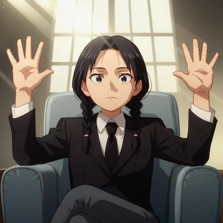 score_9_up, score_8_up, BREAK, ScorseseCinemaMeme, on chair, sitting, hands up, 1girl, solo, black hair, twin braids, black eyes, suit, formal, necktie, pants, <lora:ScorseseCinemaMeme_PXL_Leaf2:0.8>, caustics, light rays, anime screencap, crossed legs,