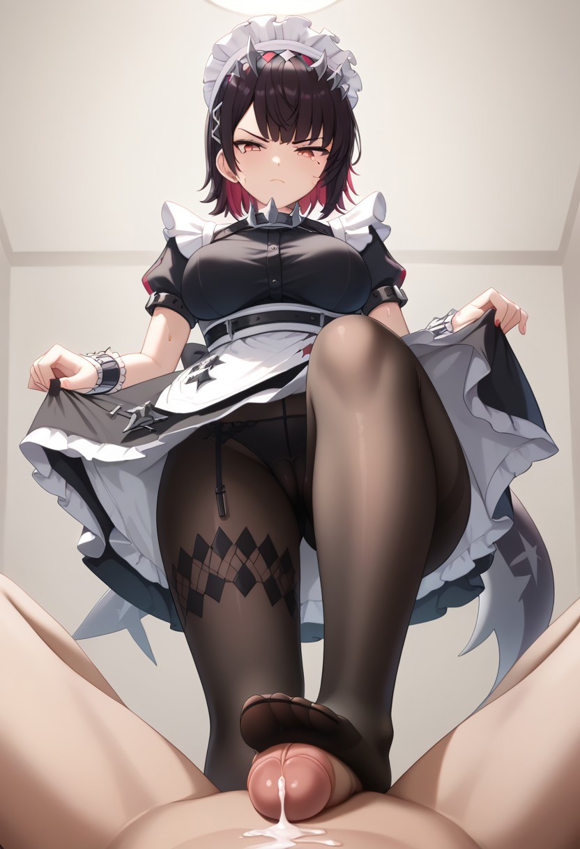 score_9,score_8_up,masterpiece,best quality,2d,stepped_on_penis,1girl,1boy,from below,pov,penis,footjob,stepped on,cum,femdom,disgusted face,cameltoe,thick thighs,shiny sweaty skin,ellen_joe,maid_headdress,black_dress,wrist_cuffs,puffy_short_sleeves,mole_under_eye,large_breasts,frilled_dress,black_pantyhose,medium_breasts,