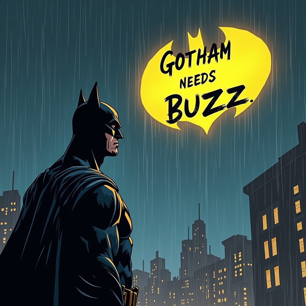 batman in gohtam city, there is a bat-signal in the sky with the text "Gotham needs Buzz.", batman is looking at the bat-signal, he looks worried, The text should be spelled exactly and correctly, raining atmosphere