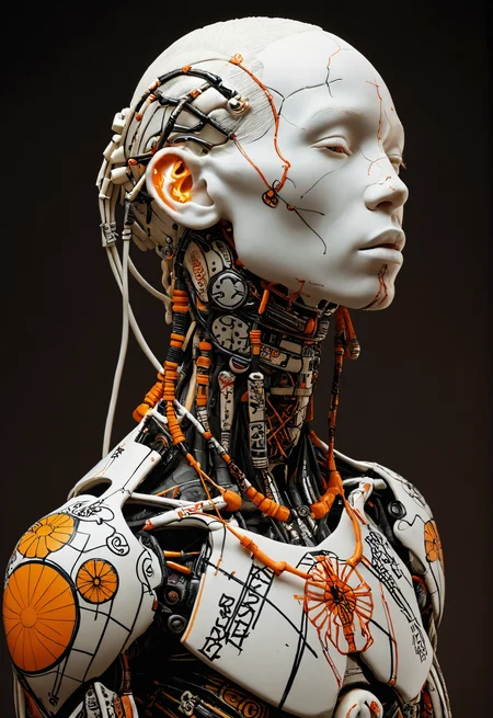 arble sculpture, Maasai cyborg with Japanese tattoos , albino with orange,Expressive Ink Dynamics,David LaChapelle ,black background <lora:add-detail-xl:1> <lora:sli-v1:1> <lora:Cyberpunk _Anime_V2_light_version-SDXL:1> <lora:MJ52:0.5>