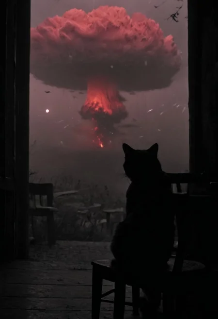 Red and Grey color graded glamour portrait photo of a freightened cat with hump sitting on a chair. infront of a nuclear mushroom cloud in the far, the end of humanity, perfect, almost ethereal, mysterious. Absurdres, 8K, UHD, many details, extreme detailed, full of details, Wide range of colors, HDR.. desert storm backdrop. throwing a translucent red/tanslucent purple/black, weapon, katana, holding katana, atmospheric haze, Film grain, cinematic film still, shallow depth of field, highly detailed, high budget, cinemascope, moody, epic, OverallDetail, gorgeous, 2000s vintage RAW photo, photorealistic, candid camera, color graded cinematic, eye catchlights, atmospheric lighting, skin pores, imperfections, natural, shallow dof,
Behind him, the stars shimmer with distant promise, casting their ethereal light upon the scene. In this moment of solitude and reflection, the cat embodies the resilience of the animal spirit, poised on the threshold of the unknown, grappling with the weight of what might have been.
In the depths of this nocturnal tableau lies the promise of exploration and discovery, where the spirit of the astronaut converges with the boundless possibilities of the cosmos. Though Earthbound for now, his spirit remains untethered, reaching out towards the distant stars with an unyielding resolve to explore, to discover, and to soar beyond the limits of imagination.