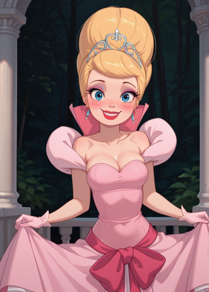 masterpiece, best quality, amazing quality, very aesthetic, absurdres, newest, detailed background, 4k, 8k, outdoors,
lottiexd, 1girl, breasts, dress, blonde hair, solo, gloves, earrings, jewelry, cleavage, makeup, pink dress, blue eyes, tiara, crown, lipstick, blush, bow, medium breasts, red lips, smile, looking at viewer, happy, skirt hold, 
<lora:Charlotte_LaBouff_-_Disney_Illustrious:1>