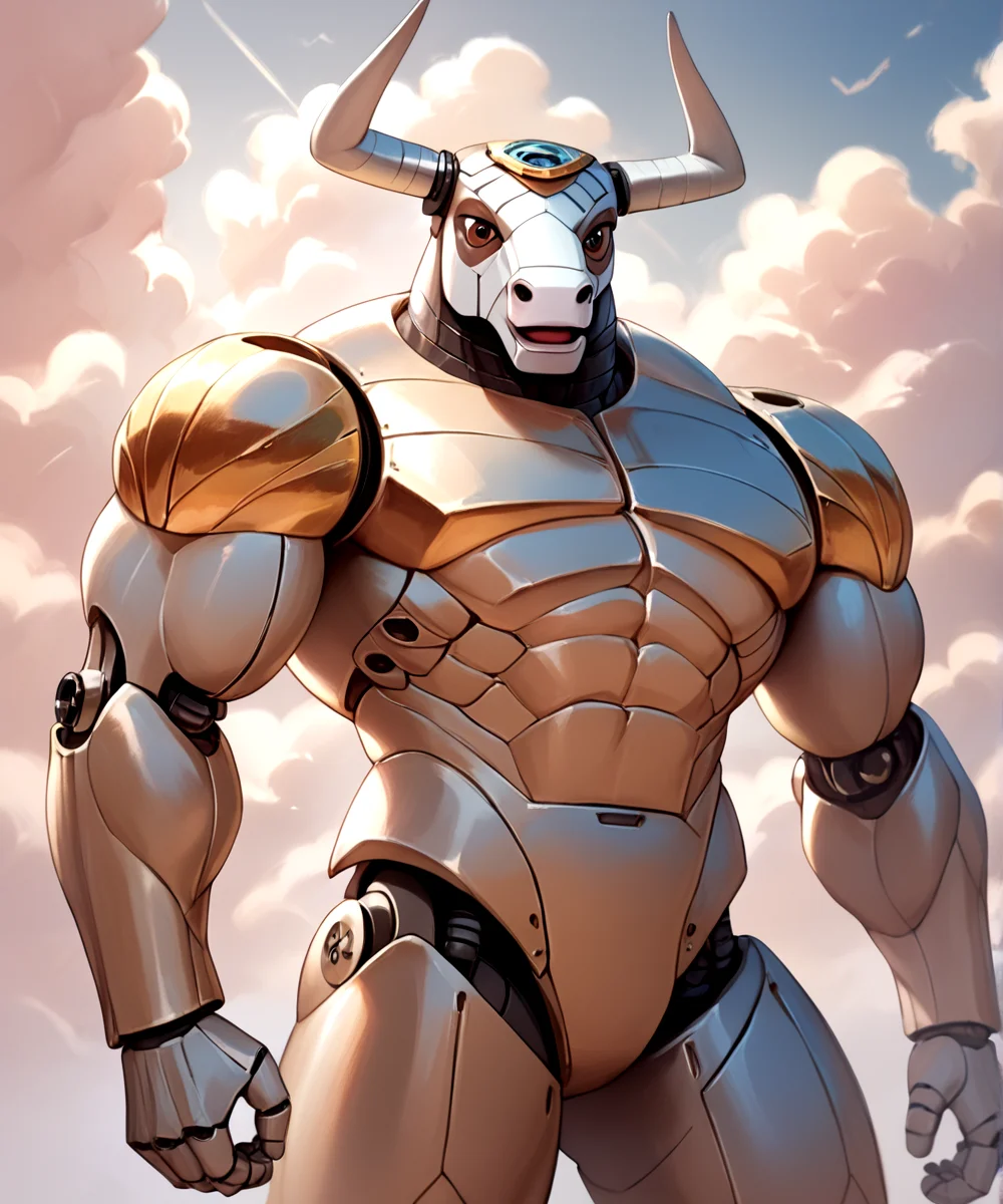 score_9, score_8_up, score_7_up,
<lora:Mumbo_Jumbo_(Silverhawks)_(Pony)_(AD):1> Mumbo Jumbo, Silverhawks_cartoon, robot, muscular, gold chrome, copper chrome, bronze chrome, metal body, horns, brown eyes,
8K, In'ei, chiaroscuro, depth of field, clear_eyes,
perfect hands, perfect proportions, peak physical perfection, perfect male physique, powerful muscular body,
dynamic pose, detailed anime background, detailed photographic fluffy anime clouds, masterclass anime, smooth metal body, bull robot, full metal body,
BREAK zPDXL, zPDXLxxx,
