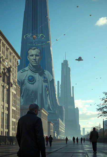 The distant future. A big beautiful city, blue sky, flyers flying, in the foreground on a large mural building, which depicts a man - a Soviet cosmonaut surrounded by the trajectories of planets and artificial satellites. In the background are contrails of space starships taking off. Beautiful highlights of the sun's rays.
(Depth of field), low saturation,detail. mythp0rt, Stylish, charismatic.c.
,detail. mythp0rt . ,.
.UNI_SCI_FI_CORE.