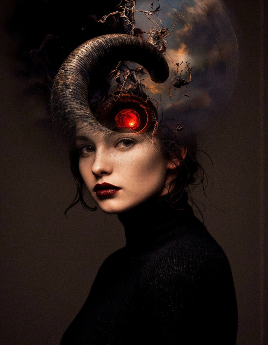 Art by Juan Brufal. A photo-realistic portrait shoot from a profile camera angle about a woman's face with a swirling, ethereal appearance, set against a dark, textured background. the image also shows a woman in the middle of the frame, with her upper body visible, wearing a black turtleneck sweater and dark lipstick. her hair is styled in a long, flowing manner, and she has a serious expression on her face. her eyes are looking directly at the viewer, and her lips are painted with dark red lipstick. the woman is positioned in the center of the image, with the background being dark and textured, creating a sense of depth and dimension. on the top of her head, a large, curved horn-like structure is visible, with a glowing red light emanating from the center, creating an eerie and mysterious atmosphere. the overall effect is a striking and captivating image that showcases the woman's unique features and the intricate design of the horn.