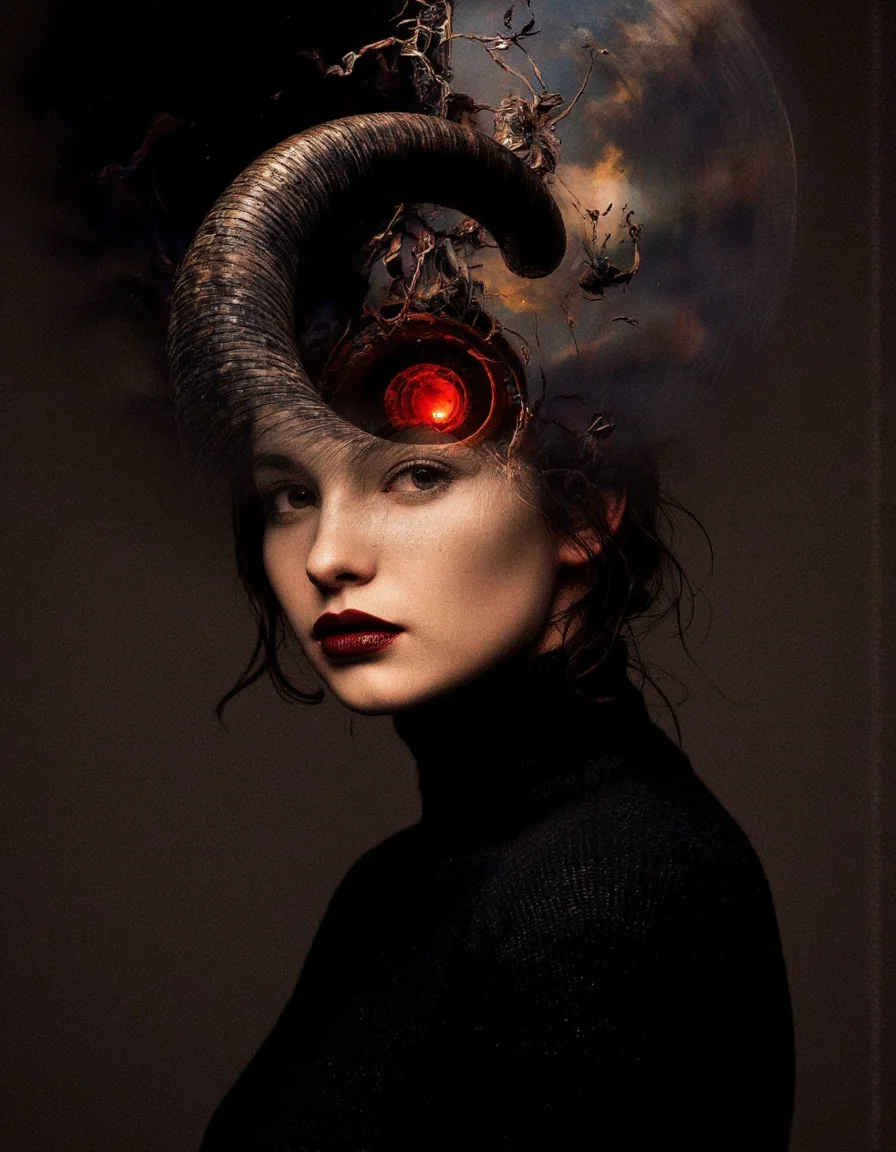 Art by Juan Brufal. A photo-realistic portrait shoot from a profile camera angle about a woman's face with a swirling, ethereal appearance, set against a dark, textured background. the image also shows a woman in the middle of the frame, with her upper body visible, wearing a black turtleneck sweater and dark lipstick. her hair is styled in a long, flowing manner, and she has a serious expression on her face. her eyes are looking directly at the viewer, and her lips are painted with dark red lipstick. the woman is positioned in the center of the image, with the background being dark and textured, creating a sense of depth and dimension. on the top of her head, a large, curved horn-like structure is visible, with a glowing red light emanating from the center, creating an eerie and mysterious atmosphere. the overall effect is a striking and captivating image that showcases the woman's unique features and the intricate design of the horn.