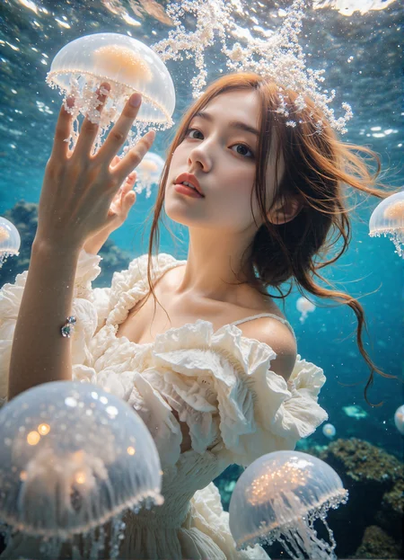 Close-up portrait of the lower half of the body under the water, a beautiful girl wearing a ruffled white dress is surrounded by strange white transparent luminous alien jellyfish in the water, stretching her hands to catch the jellyfish, her hair and clothes are floating in the water, there are many luminous objects on the jellyfish The light spots create a dreamy and ethereal atmosphere with a sense of dynamics and energy, soft tones, and the background is a blue seabed with many corals and jellyfish. The sunlight hitting the water surface produces caustics.