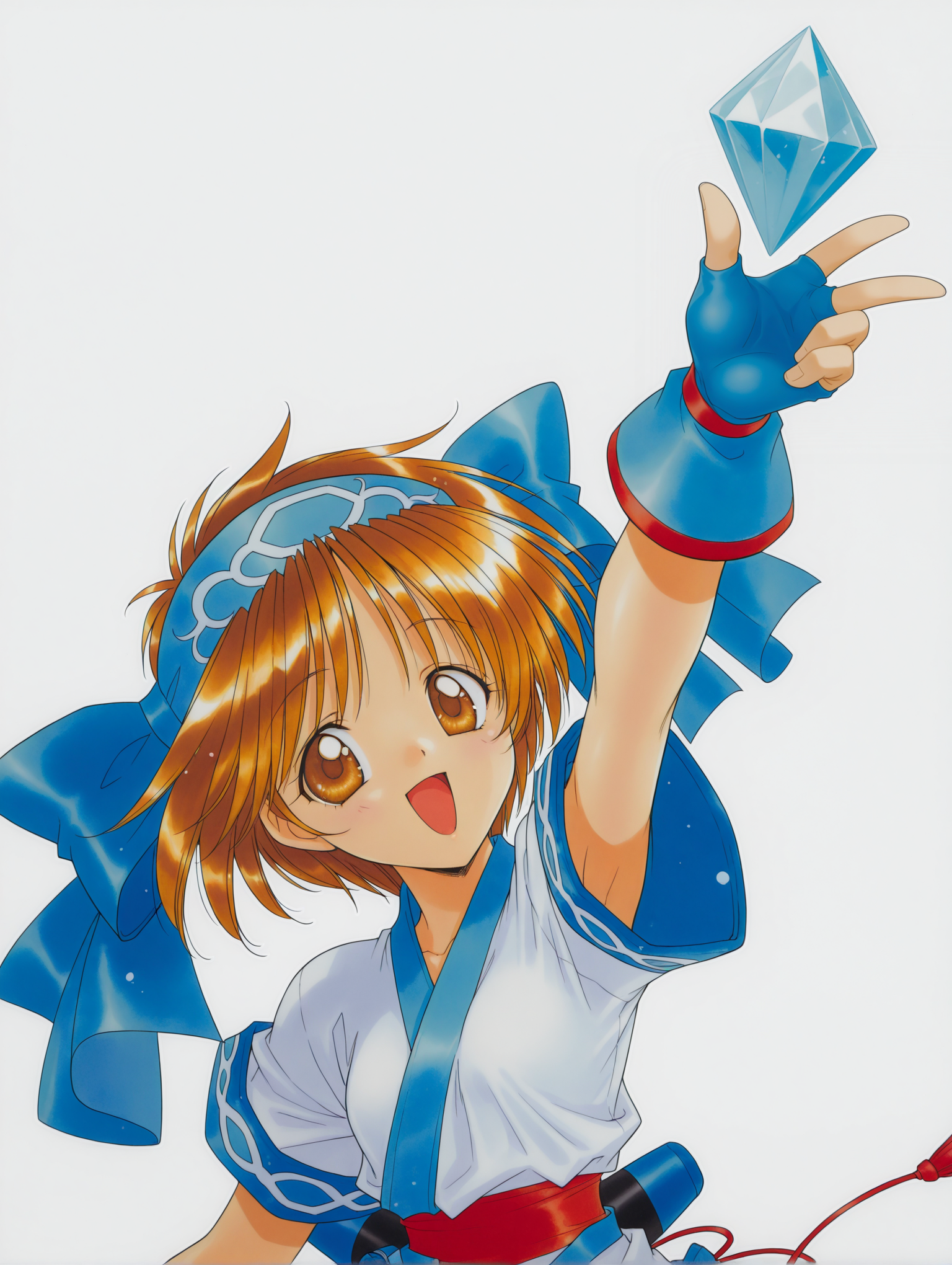 masterpiece,best quality,newest,1girl,solo,
<lora:rimururu_ilxl_v1.3:1>,n_rimu,brown hair,brown eyes,r_bow,r_clothes,fingerless gloves,Conle,crystal,<lora:Fixhands_anime_bdsqlsz_V1:1>,dynamic_angle,cinematic_angle,looking_at_viewer,white_background,simple_background,standing,upper_body,face_focus,reaching towards viewer,:d,