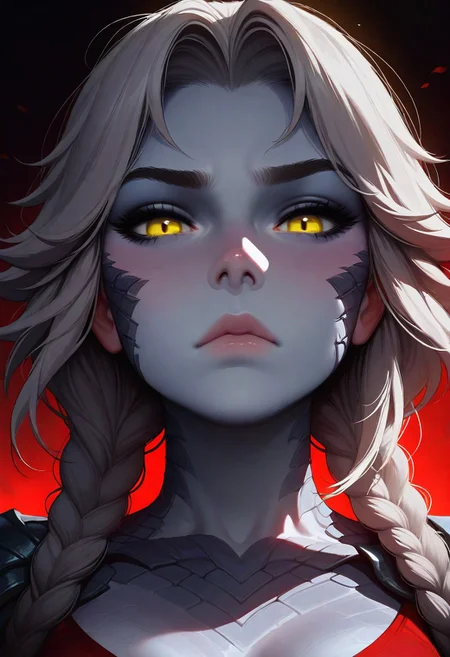 masterpiece, best quality, amazing quality, very aesthetic
Artist : Tsuaii, Artist : Incase, flat colors,
1girl, (Shyvana, league of legends:1), close up, portrait, face focus,
((yellow eyes)), grey blue skin, grey hair, twin braids,
red crop top, muscular, scales,
looking at viewer, (angry:0.1), (serious:0.5)
(neutral white background), dynamic lighting,