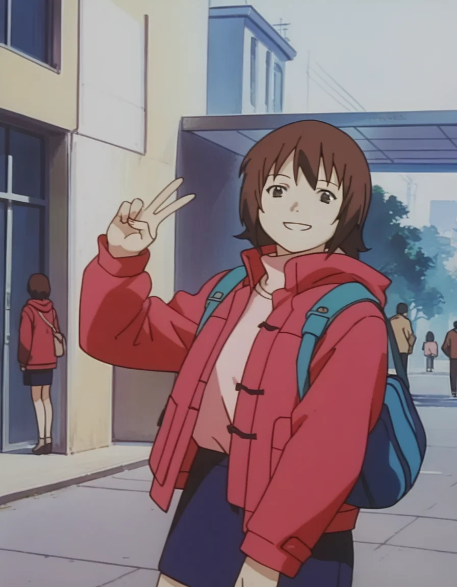 score_9, score_8_up, score_7_up, source_anime, <lora:boogiepop-2000-ponyxl:0.85> 1girl, miyashita touka, red jacket, hooded jacket, blue skirt, sidewalk, upper body, v, smile