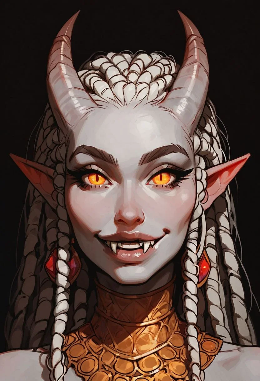 score_9, score_8_up, score_7_up, 1girl, female, tiefling, horns, pale white skin, visible veins, busty, sheer blouse, saggy boobs, mage robes, white dreadlocks, greying hair, gold beads in her hair, fangs, smile lines, in a wizards tower, halfbody Portrait, focus from Front, close up, naughty smile, looking at viewer, wide eyes, arched back