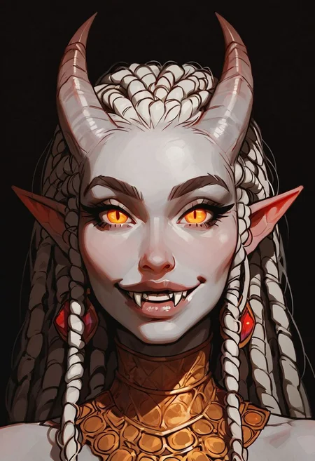score_9, score_8_up, score_7_up, 1girl, female, tiefling, horns, pale white skin, visible veins, busty, sheer blouse, saggy boobs, mage robes, white dreadlocks, greying hair, gold beads in her hair, fangs, smile lines, in a wizards tower, halfbody Portrait, focus from Front, close up, naughty smile, looking at viewer, wide eyes, arched back