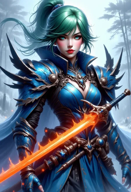 FFAOR, inksketch, 1woman, Frost Blue armor, sky blue eyes, orange glowing sword, cherry red lips, pine green hair, beautiful