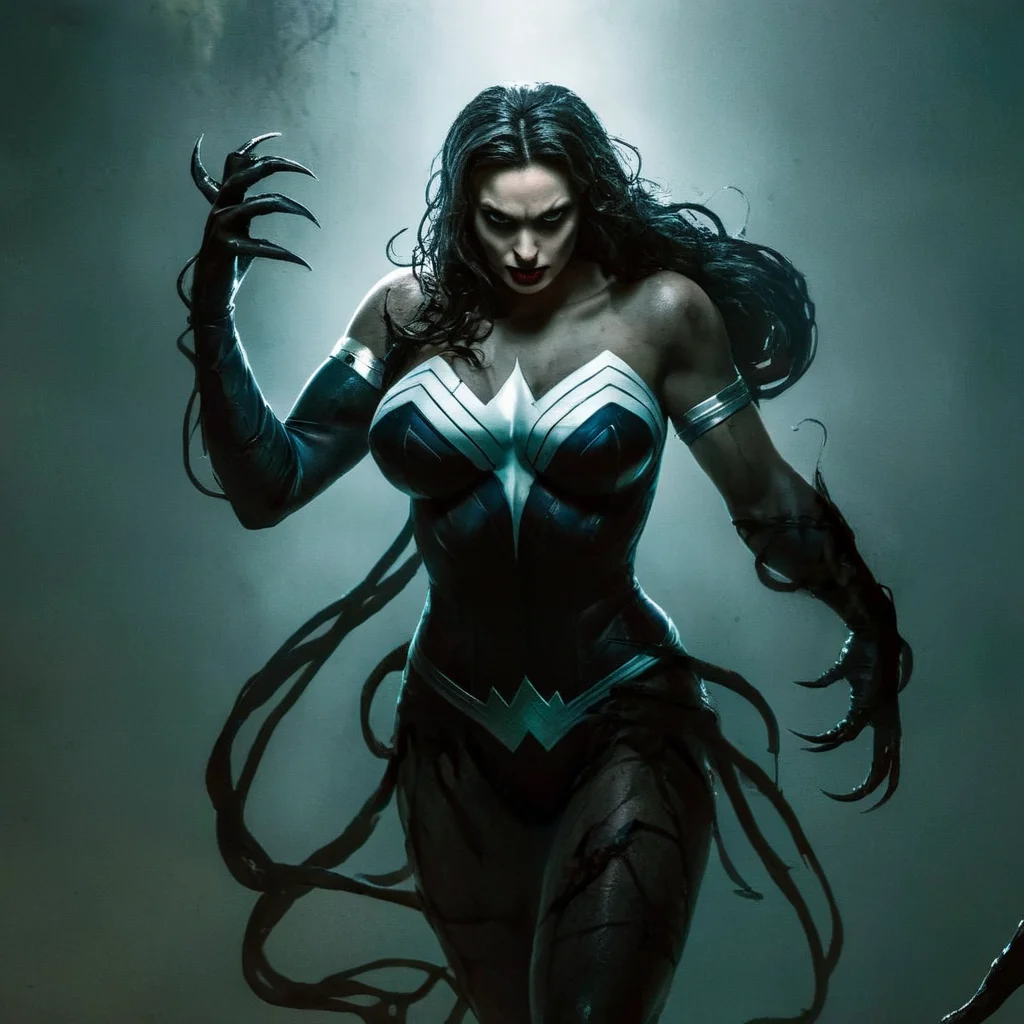 Dark Fantasy Art of <lora:Symbiote Style v2:1.2> Symbiote Style
<lora:comic book magazine:1>
a zombie undead wonder woman with a very large body and a very long hair and a creepy costume comic book magazine style, dark, moody, dark fantasy style