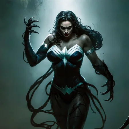 Dark Fantasy Art of  <lora:Symbiote Style v2:1.2> Symbiote Style
 <lora:comic book magazine:1>
a zombie undead wonder woman with a very large body and a very long hair and a creepy costume comic book magazine style, dark, moody, dark fantasy style