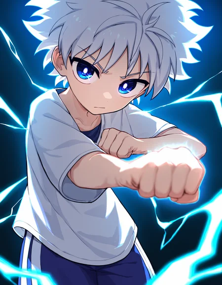 masterpiece, best quality, koemixpi-style, simple background, backlighting, depth of field, 1boy, solo, Killua Zoldyck, White hair, blue eyes, looking down at viewer, white shirt, blue shorts, electricity, glowing, spiked hair, power pose, clenched hands <lora:koe-mixpi_naiXL_v3b_ShoAI:1>