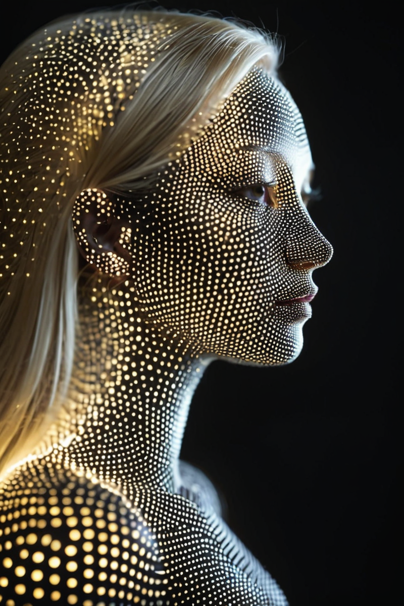 woman, face focus, blonde hair, dotstyle, abstract, black background, dark, glowing, profile,
 <lora:DotStyle_SDXL:1>