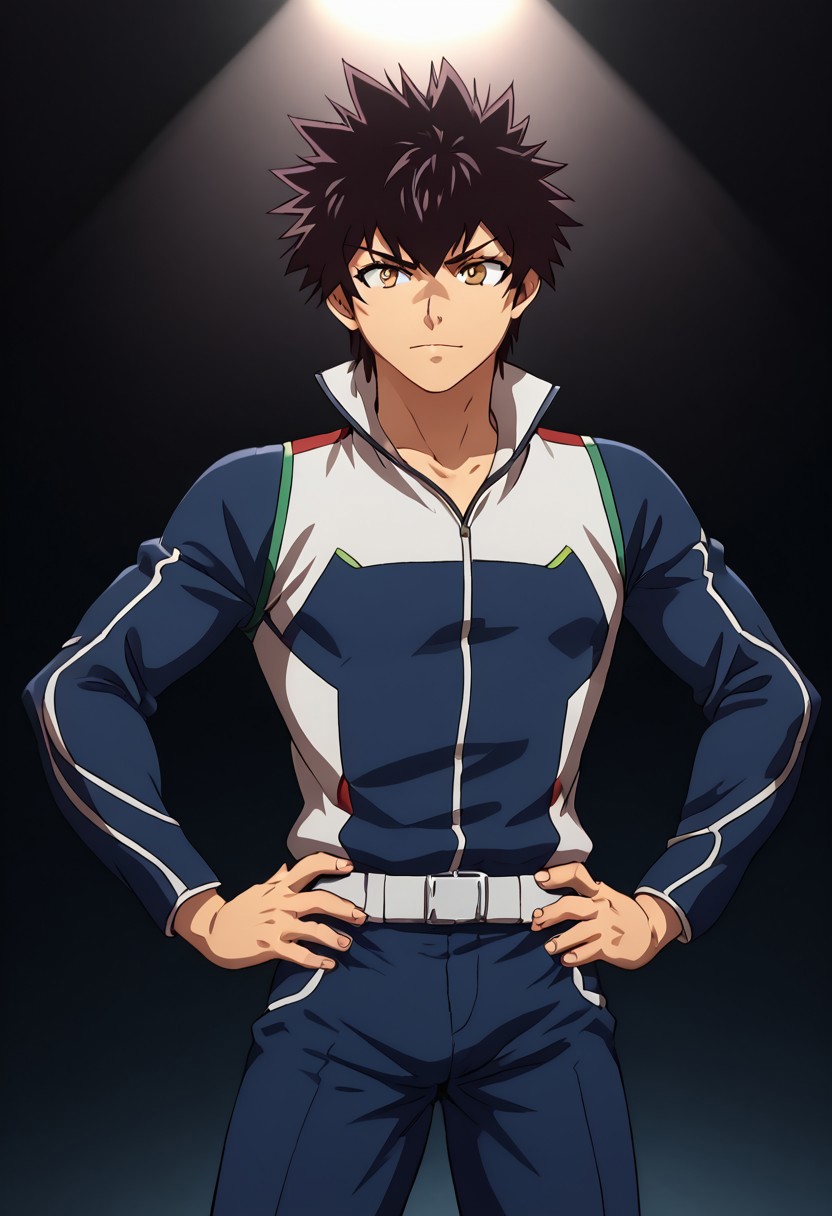 high resolution, solo, best quality, 1Boy, Kanata Hoshijima, Black hair, Brown Eyes, Standing in spotlight, confident, hands on hips, dominant,