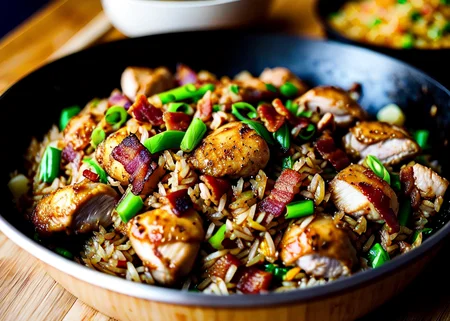 a stunning photo of the world's most delicious chicken and bacon fried rice