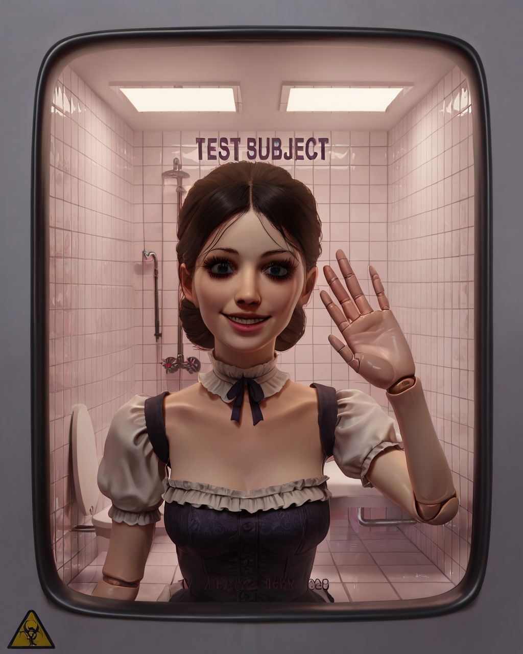 illustration, 2d, <lora:testchamberV2:0.8> testchamber, glass wall, tiles, pale skin, close-up, doll joints, victorian dress, doll, toy, looking at viewer, creepy, clean, hand on glass, smile, score_9, score_8_up, score_7_up, score_6_up, score_5_up, score_4_up, ponypositive,