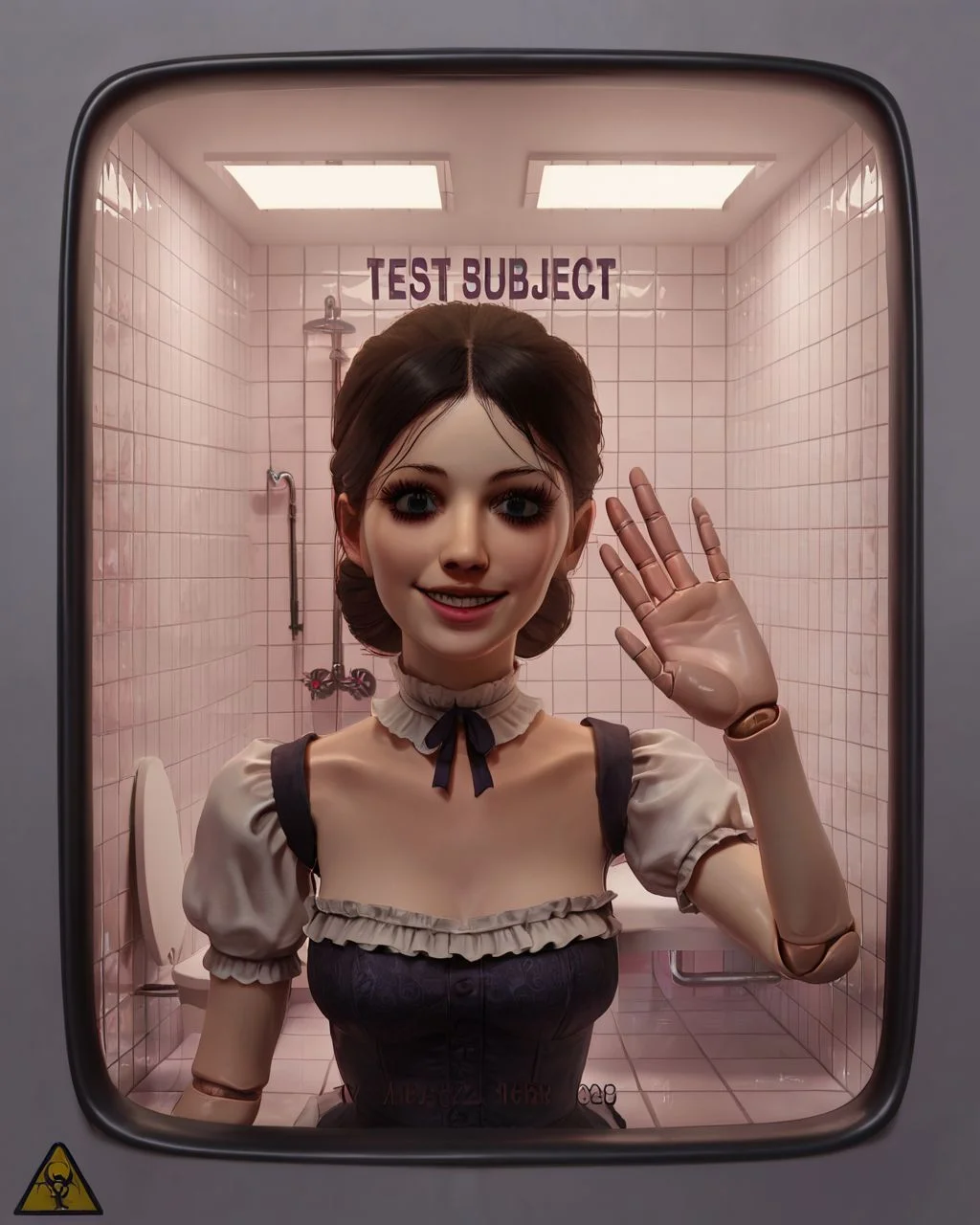 illustration, 2d, <lora:testchamberV2:0.8> testchamber, glass wall, tiles, pale skin, close-up, doll joints, victorian dress, doll, toy, looking at viewer, creepy, clean, hand on glass, smile, score_9, score_8_up, score_7_up, score_6_up, score_5_up, score_4_up, ponypositive,