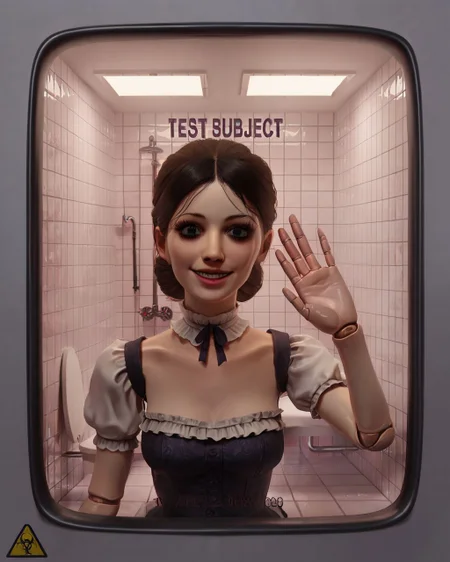 illustration, 2d, <lora:testchamberV2:0.8> testchamber, glass wall, tiles, pale skin, close-up, doll joints, victorian dress, doll, toy, looking at viewer, creepy, clean, hand on glass, smile, score_9, score_8_up, score_7_up, score_6_up, score_5_up, score_4_up, ponypositive,