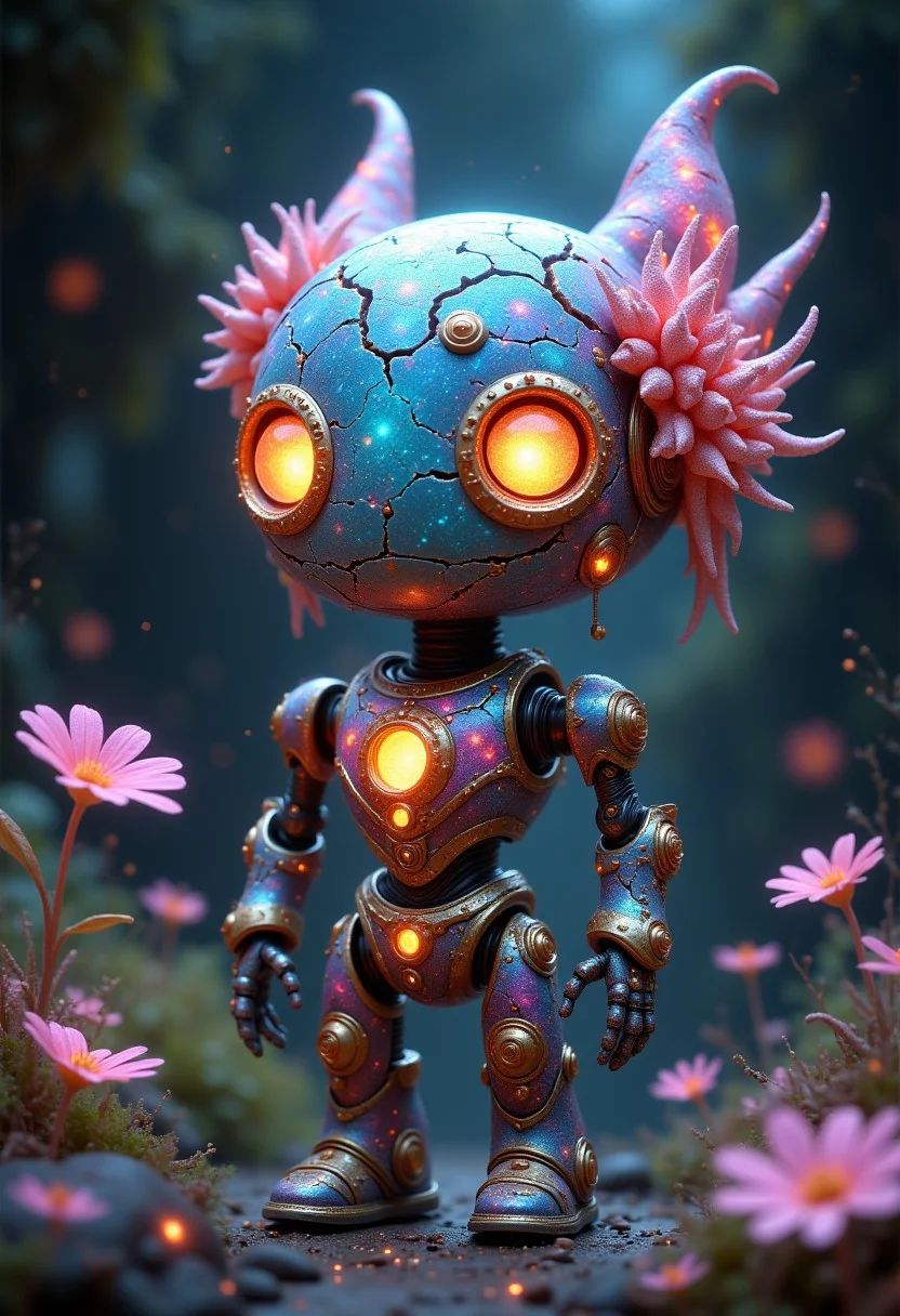 glowing galaxy cracks, professional photography of an fantastical cute robot with whimsical elements, flowers and swirling magic, eerie fairytale landscape, elaborate fantasy style art, very colorful, intricate details, ultra sharp, exquisite detail, flawless composition, vivid colors, masterpiece, exciting background,