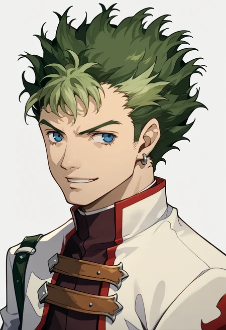 score_9, score_8_up, score_7_up, source_anime, 1boy, solo, grin
<lora:zs_P3ReloadPortraitsXL:1> p3reloadportraits, portrait, white background
<lora:kevingraham-pdxl-nvwls-v1:1> trailskevin, spiked hair, green hair, two-tone hair, blue eyes, earrings, white coat, long sleeves, maroon shirt,