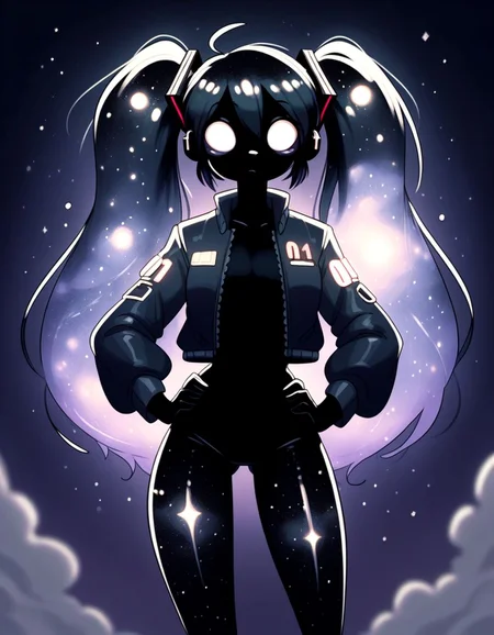 score_9,score_8_up,score_7_up,  (by cayb), <lora:Navi_Celestial_Skin_PonyXL:1> nv-celestialskin,   colored skin,  void cosmic body, jet black skin, silhouette, nebula, faceless female, 
1girl, looking at viewer,simple background, hatsune miku, blurry background,  standing cowboy shot, twintails, hands on own hips, contrapposto, black hair,   open jacket, purple theme,