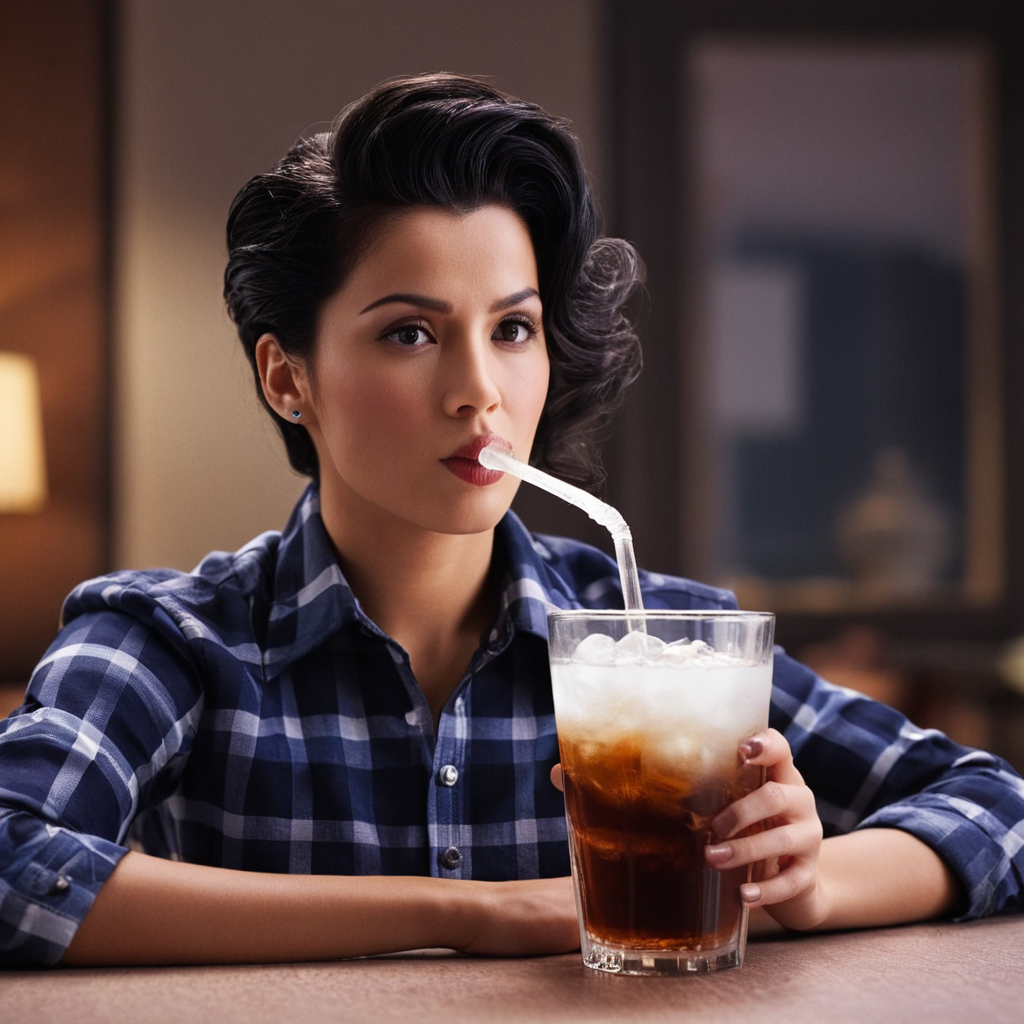 cinematic film still of  <lora:hands5g:0.8>
Sharp detailed high quality image of a woman drinking a glass of soda, detailed background, 12K, high megapixel, realistic, realism, different, raw image, sharp style, solo, black hair, 1boy, holding, male focus, cup, portrait, drink, drinking, plaid shirt, pompadour, photorealistic, higashikata josuke, shallow depth of field, vignette, highly detailed, high budget, bokeh, cinemascope, moody, epic, gorgeous, film grain, grainy
