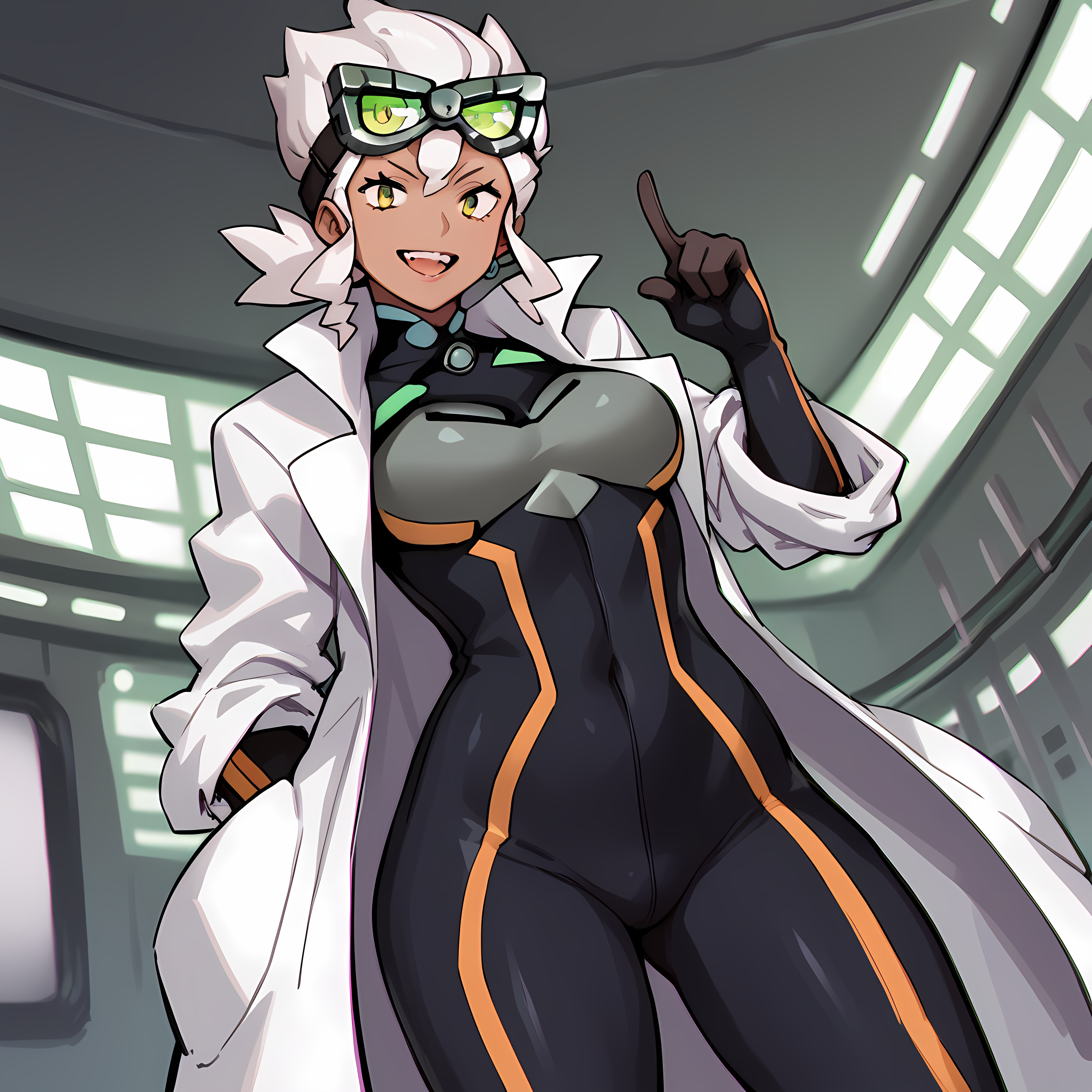 score_9,score_8_up,score_7_up,score_6_up,source_anime,rating_questionable, <lora:Professor_Burnet_-_Pokemon_SM:0.8> ProfBurnet_SM, Dark-Skinned Woman, wetsuit, goggles, laboratory, lab coat, finger pointing up,, zPDXL2,