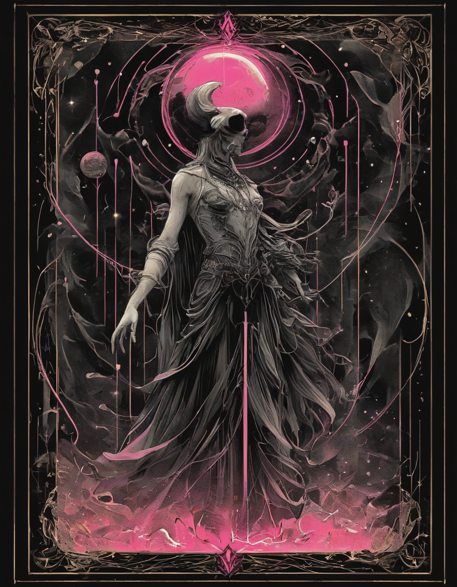 <lora:artfullyTAROT1LINE_SDXL_V1:1>,the front of an old card,tarot,tarot card,the magician,((1 line 1 color)),calligraphy,minimal,geometric,(2 colors total),lime,pink,black)) background,marker,((fine liner),masterpiece)),detailed,intricate,best quality,absurd resolution,tl4,sharp crisp ines,masterwork by artisan calligrapher,lines flow from one aspect to another,neon pink,nen liume,obsidian,ivory,vantablack,(((1 line ))) illustration,masterpiece,absurd resolution, vibrant colorstory, high contrast, holographic