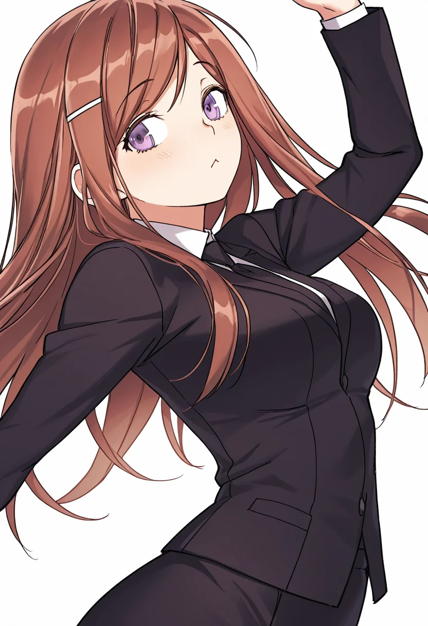 Smooth Quality,masterpiece,very intricate, high quality details, ultra realistic, high detailed skin,detailed enviorement,absurdres,
simple background, white background, dancing,skindentation, solo,from side,\||/,
 <lora:Dasom_Lee_CNR:0.8> dasom_cnr,  1girl, brown hair, long hair, bangs, purple eyes,hairclip,dasom_uniform_cnr, school uniform,white shirt, collared shirt, black jacket, black skirt,pencil skirt,black necktie,, afterglow,, ;<,