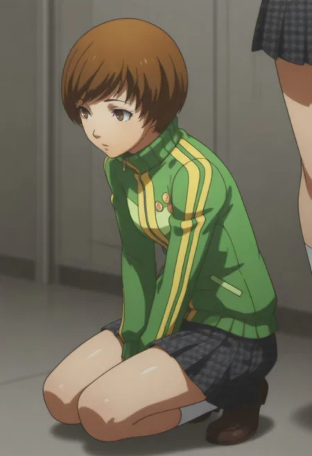 masterpiece, best quality, amazing quality,,, shiny skin,,,,,p4chie, satonaka chie, short hair, brown hair p4chie-winuni, school uniform, yasogami school uniform, green jacket, zipper, button badges, pleated skirt, houndstooth skirt, socks, loafers,
