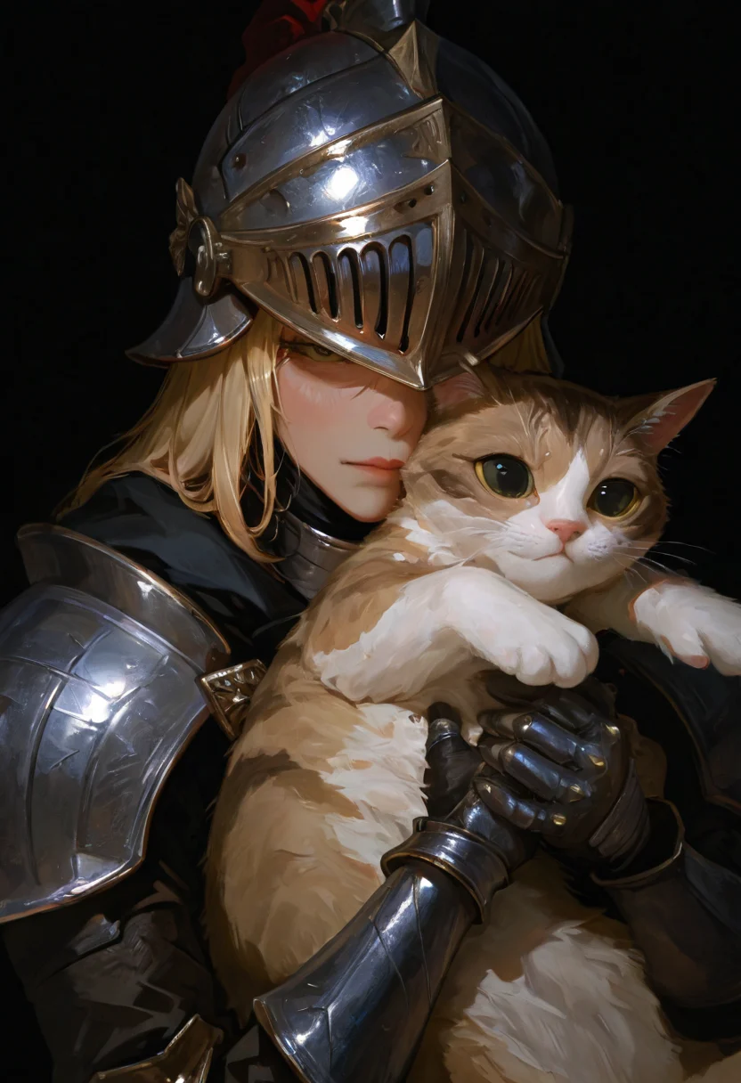 masterpiece, best quality, amazing quality, very aesthetic, absurdres, newest,
1girl, portrait, black background, knight helmet, hugging a cat, photorealistic