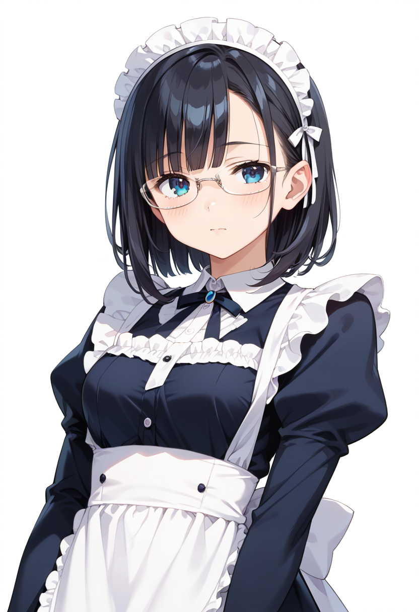score_9, score_8_up, score_7_up, rating_safe, masterpiece, best quality, absurdres, unity 8k wallpaper, official art, official style, source_anime, uncensored, game cg, megami magazine,
1girl, solo, black hair, medium hair, upper body, covered eyes,maid, maid headdress, black dress, maid apron, face focus,
underrim_metal, glasses, still life, white background, simple background, under-rim eyewear, white-framed eyewear, 
 <lora:glasses_underRimMetal_PONY_V1:1>