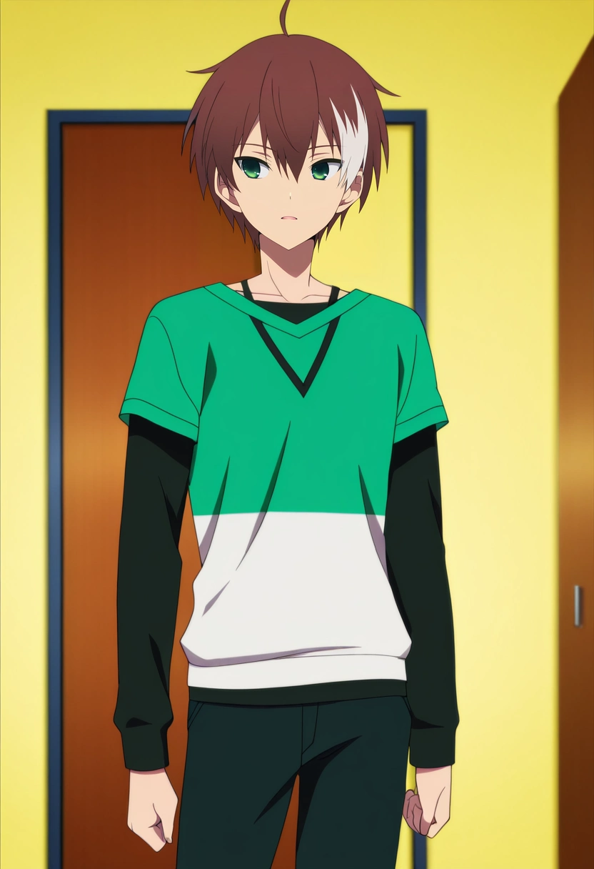 masterpiece, best quality, anime screencap, official style, anime coloring, cowboy shot, 1boy, solo, male focus, <lora:akatsuki_iride_ilxl:0.92>, akatsuki_iride, brown hair, green eyes, short hair, ahoge, multicolored hair, two-tone hair, white hair, , ,