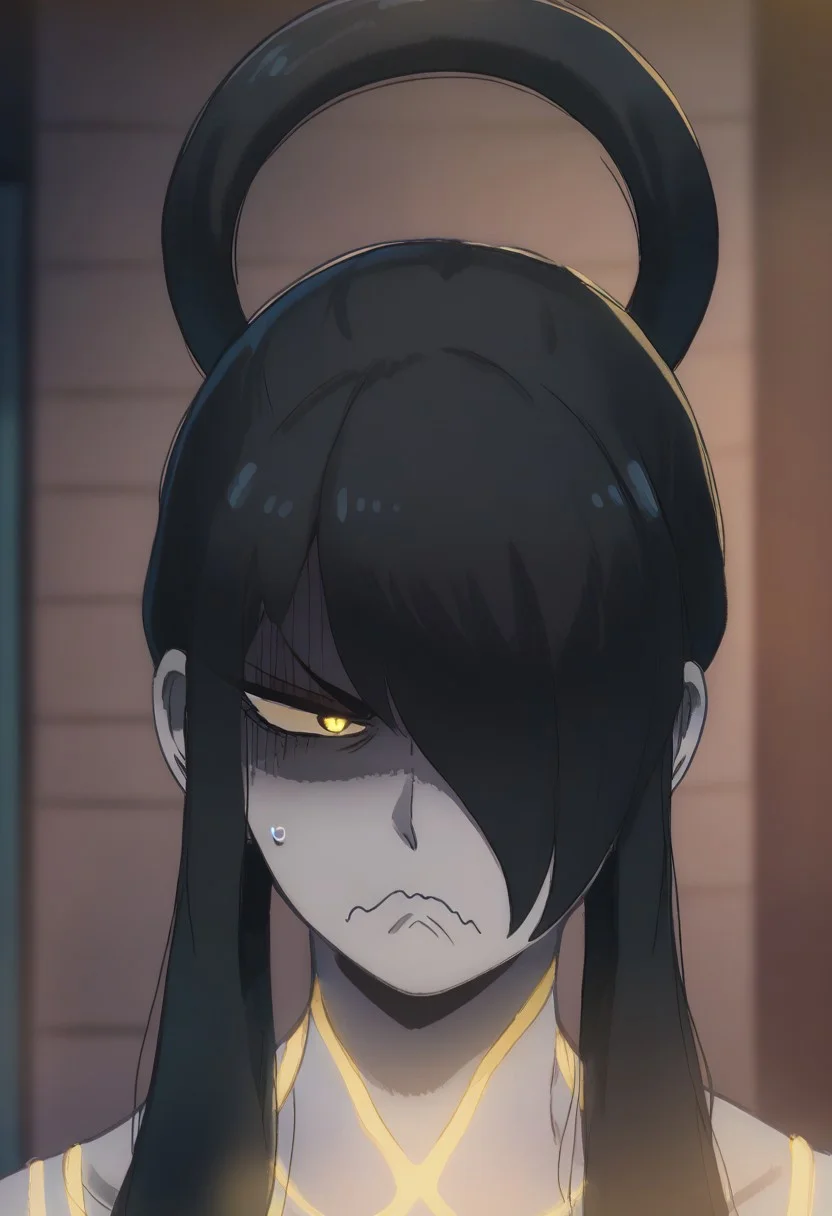 score_9, score_8_up, score_7_up,
1girl,
seth, muscular , cybernetic eyes , yellow eyes, glowing eyes, yin yang orb, black hair, hair halo ,bangs, hair covering left eye, neon trim, grey colored skin,
Yorbutthurtface,
angry, annoyed, expressive, exxagerated exxpresion,
frown, shaded face, wavy mouth, sweating profusuely,
close up, front view,