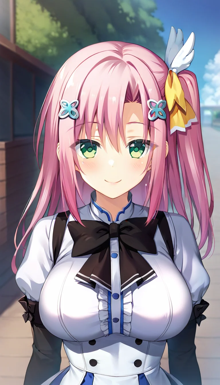 score_9,score_8_up,score_7_up,score_6_up BREAK official art,solo,outdoors,upper body,(portrait:1.5),looking at viewer,facing viewer,smile,blush,Tsubasa Touri,long hair,pink hair,hair one side up,hair ornament,hairclip,hair bow,yellow bow,sidelocks,hair between eyes,bangs,green eyes,school uniform,white shirt,black bow,black ribbon,large breasts,long sleeves,puffy detached sleeves,white skirt,frilled skirt,black socks,loafers,<lora:Tsubasa Touri(pa)-Pony:1.4>,