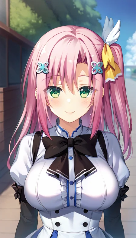 score_9,score_8_up,score_7_up,score_6_up BREAK official art,solo,outdoors,upper body,(portrait:1.5),looking at viewer,facing viewer,smile,blush,Tsubasa Touri,long hair,pink hair,hair one side up,hair ornament,hairclip,hair bow,yellow bow,sidelocks,hair between eyes,bangs,green eyes,school uniform,white shirt,black bow,black ribbon,large breasts,long sleeves,puffy detached sleeves,white skirt,frilled skirt,black socks,loafers,<lora:Tsubasa Touri(pa)-Pony:1.4>,