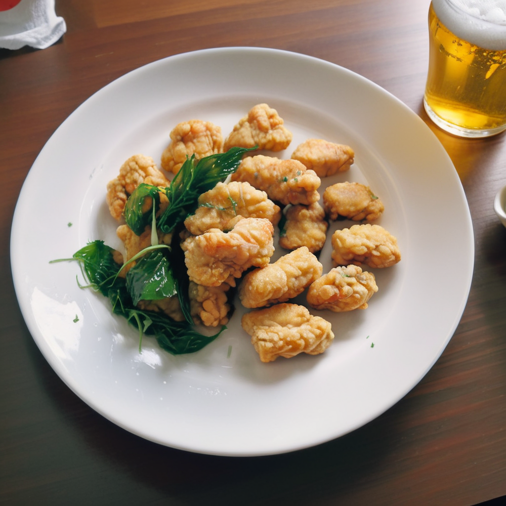 Create a realistic photo of a plate of twgensouge with a beer .  <lora:twporcon:0.85> ,<lora:twbeer3:0.65>,